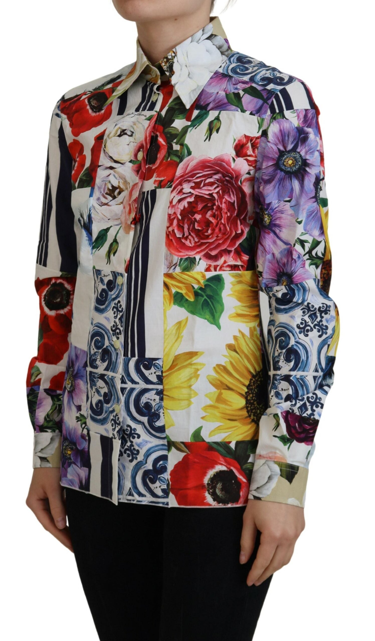 Dolce &amp; Gabbana Multicolor Floral Cotton Collared Blouse Top
