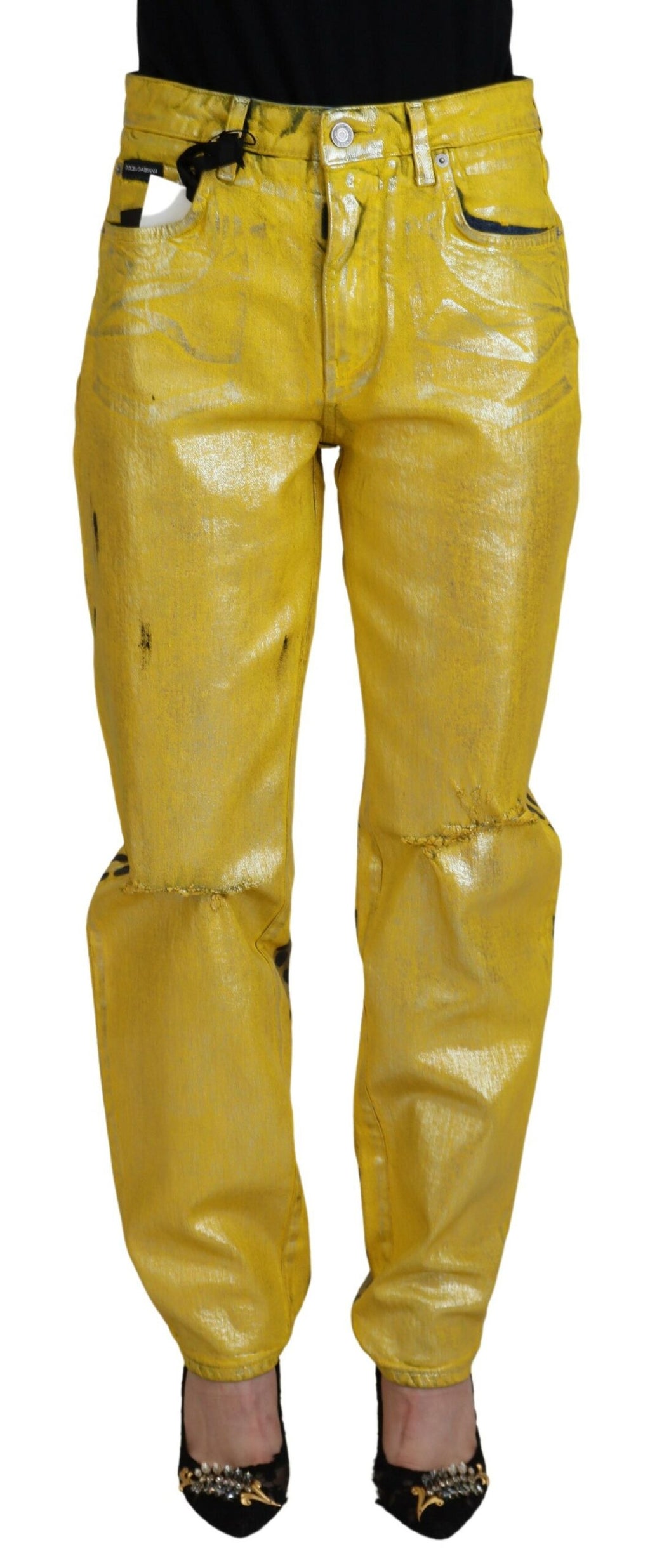Dolce &amp; Gabbana Yellow Leopard Cotton Straight Denim Jeans