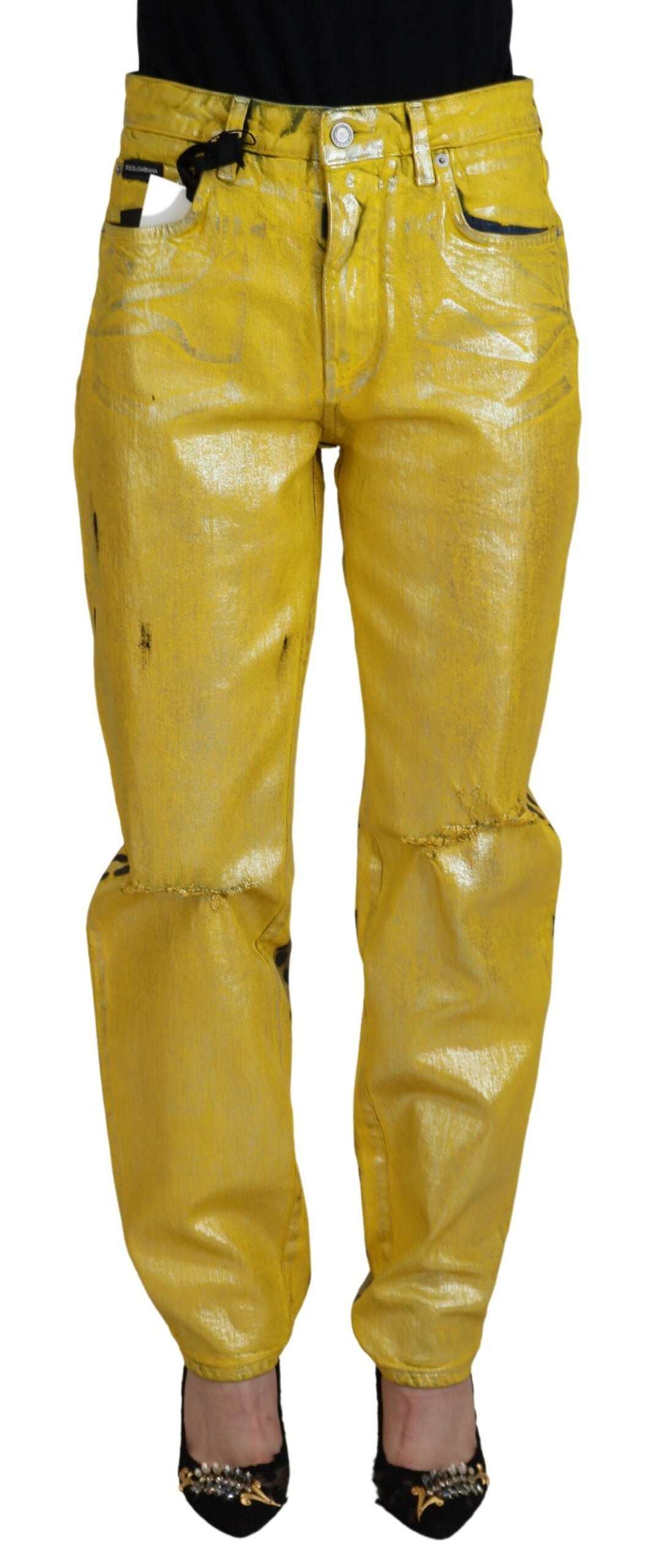 Dolce &amp; Gabbana Yellow Leopard Cotton Straight Denim Jeans