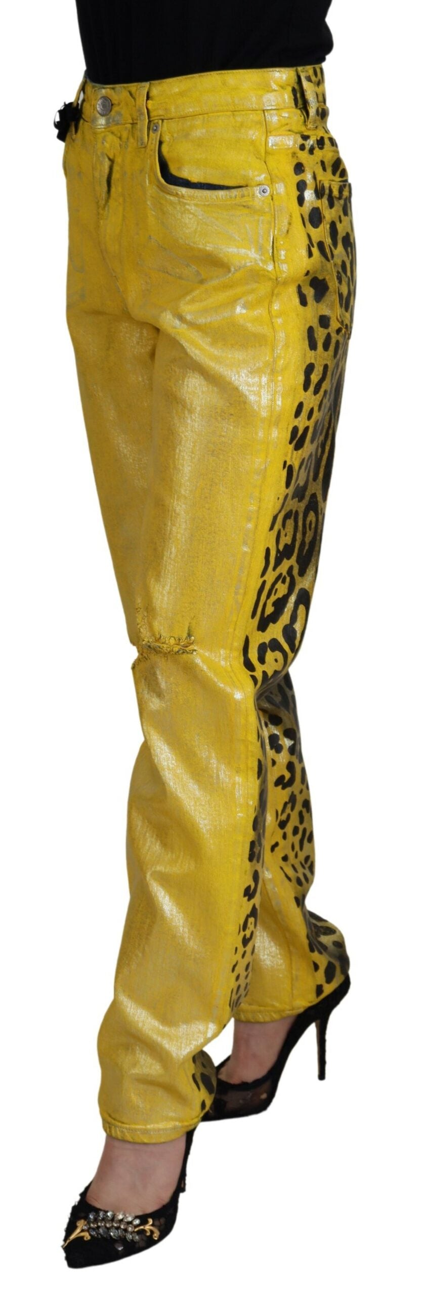 Dolce &amp; Gabbana Yellow Leopard Cotton Straight Denim Jeans
