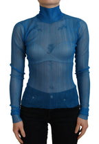 Dolce &amp; Gabbana Blue Mesh Turtleneck Long Sleeve Blouse Top