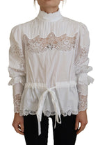 Dolce &amp; Gabbana White Cotton Lace Trim Turtle Neck Blouse Top