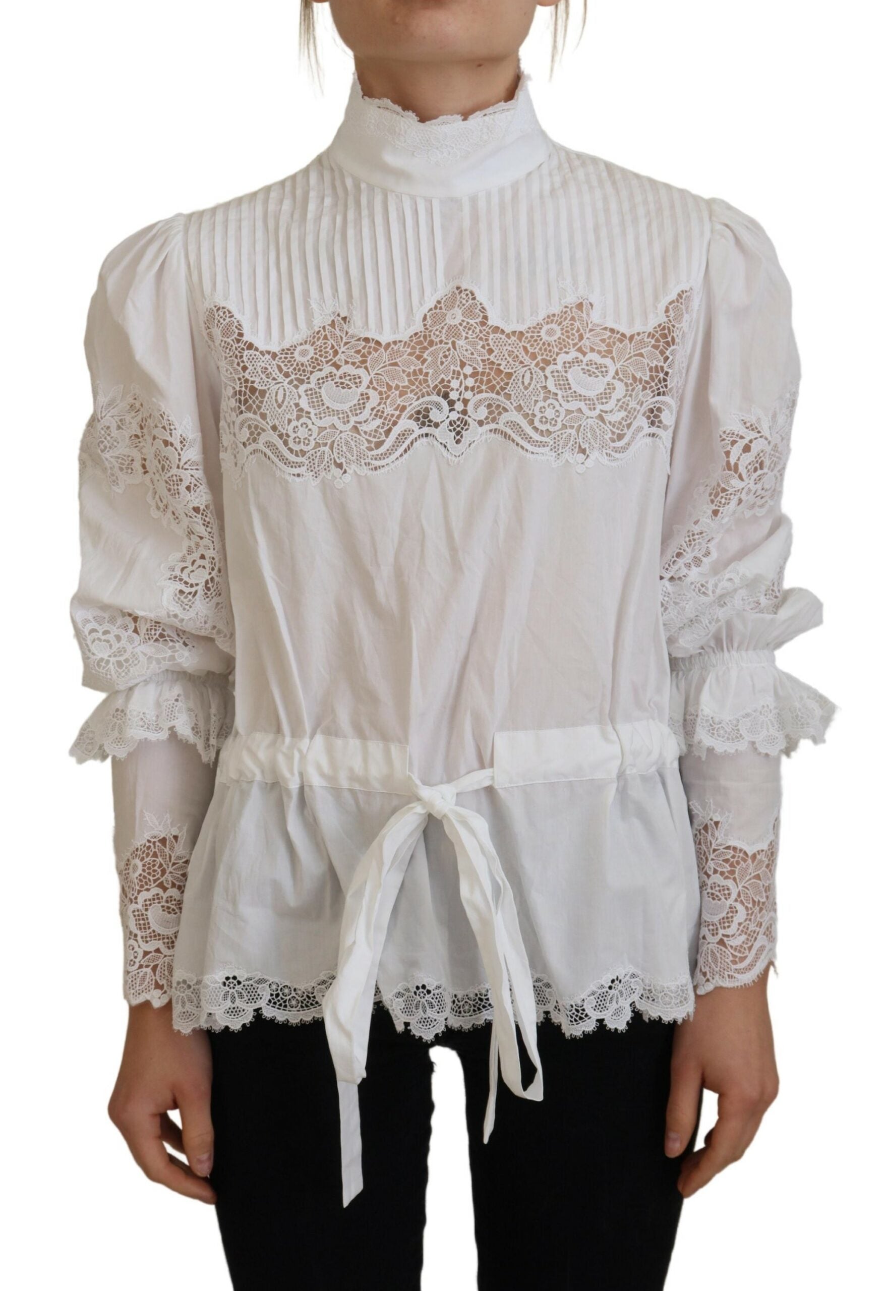 Dolce &amp; Gabbana White Cotton Lace Trim Turtle Neck Blouse Top
