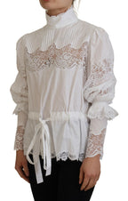 Dolce &amp; Gabbana White Cotton Lace Trim Turtle Neck Blouse Top
