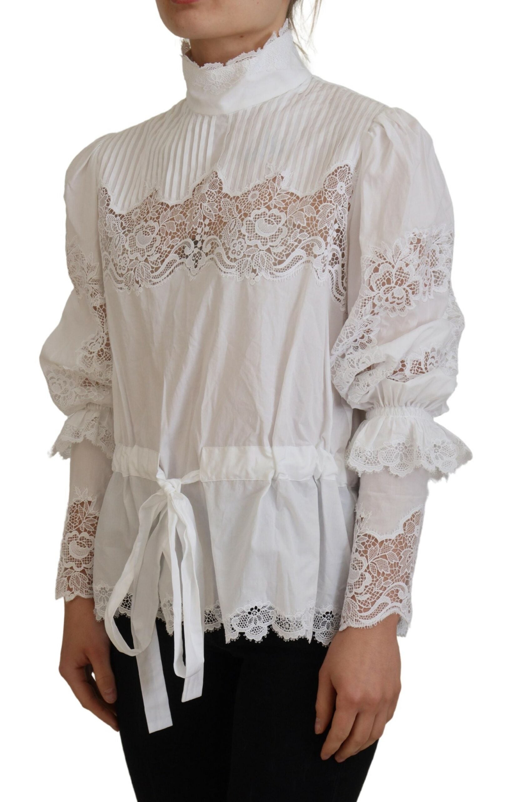 Dolce &amp; Gabbana White Cotton Lace Trim Turtle Neck Blouse Top