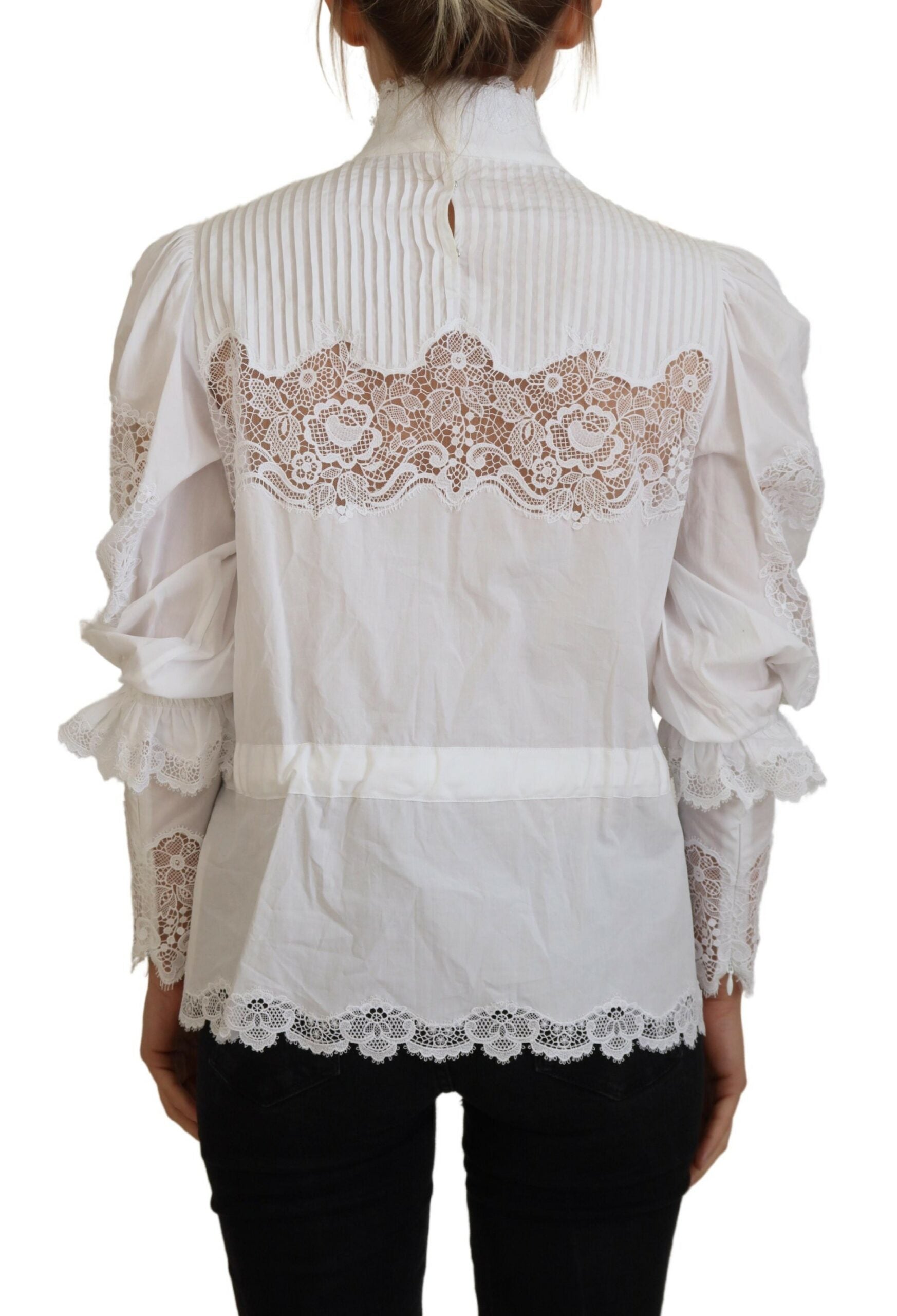 Dolce &amp; Gabbana White Cotton Lace Trim Turtle Neck Blouse Top