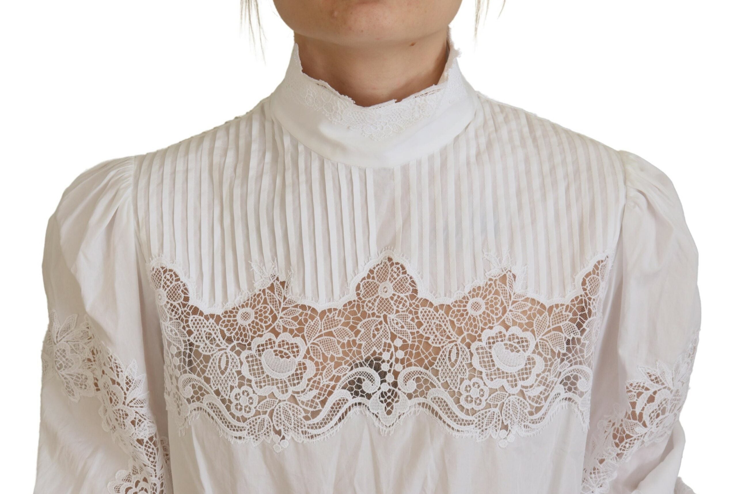 Dolce &amp; Gabbana White Cotton Lace Trim Turtle Neck Blouse Top