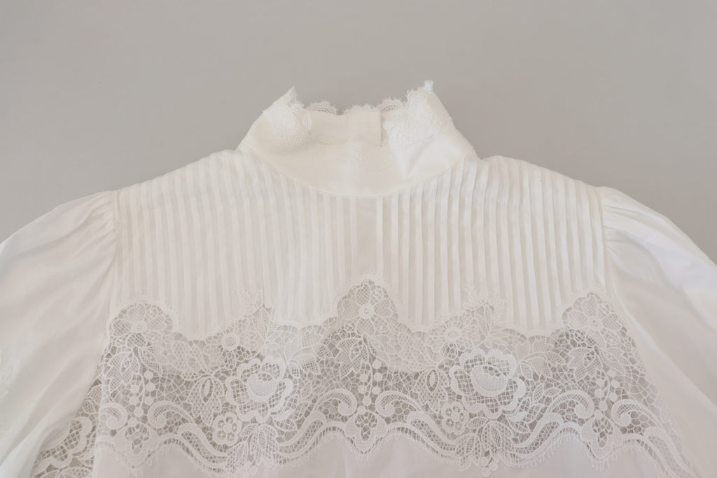 Dolce &amp; Gabbana White Cotton Lace Trim Turtle Neck Blouse Top