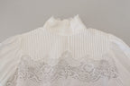 Dolce &amp; Gabbana White Cotton Lace Trim Turtle Neck Blouse Top