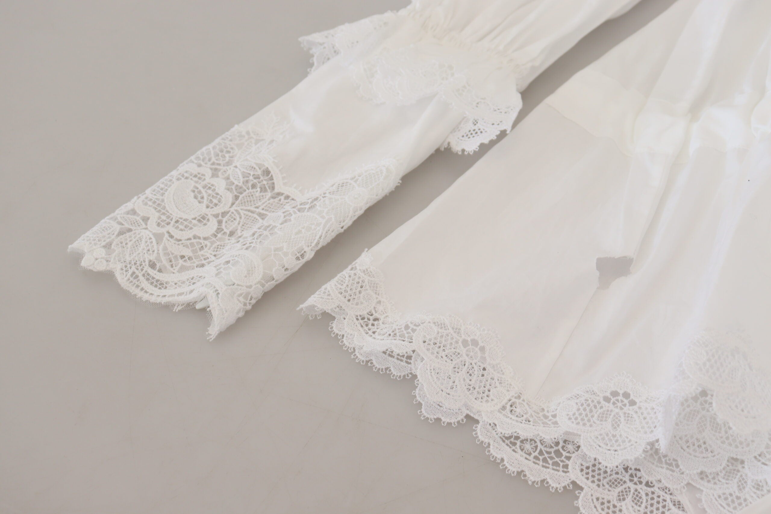 Dolce &amp; Gabbana White Cotton Lace Trim Turtle Neck Blouse Top