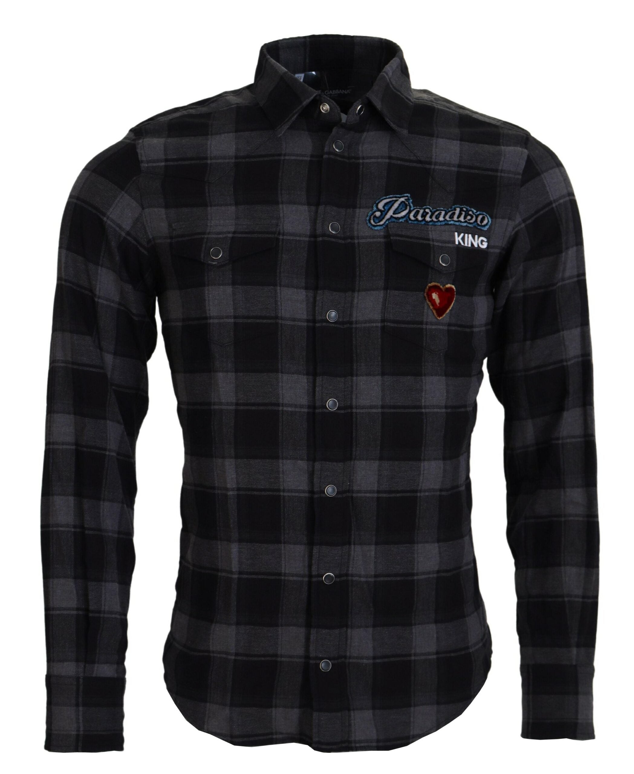 Dolce &amp; Gabbana Black Gray Check Men Long Sleeves Shirt