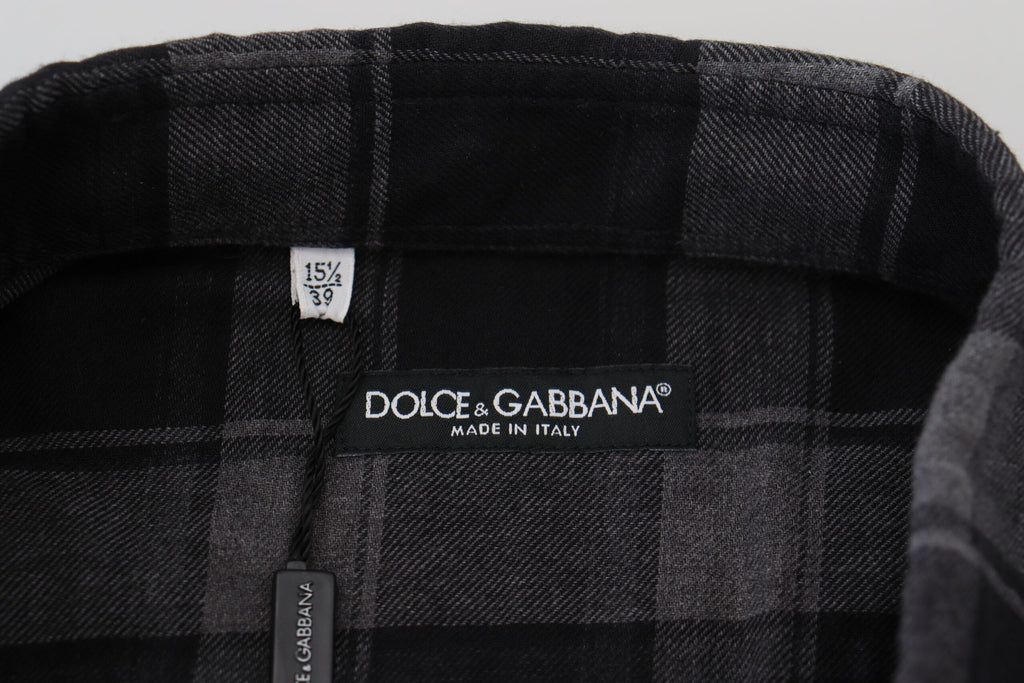 Dolce &amp; Gabbana Black Gray Check Men Long Sleeves Shirt