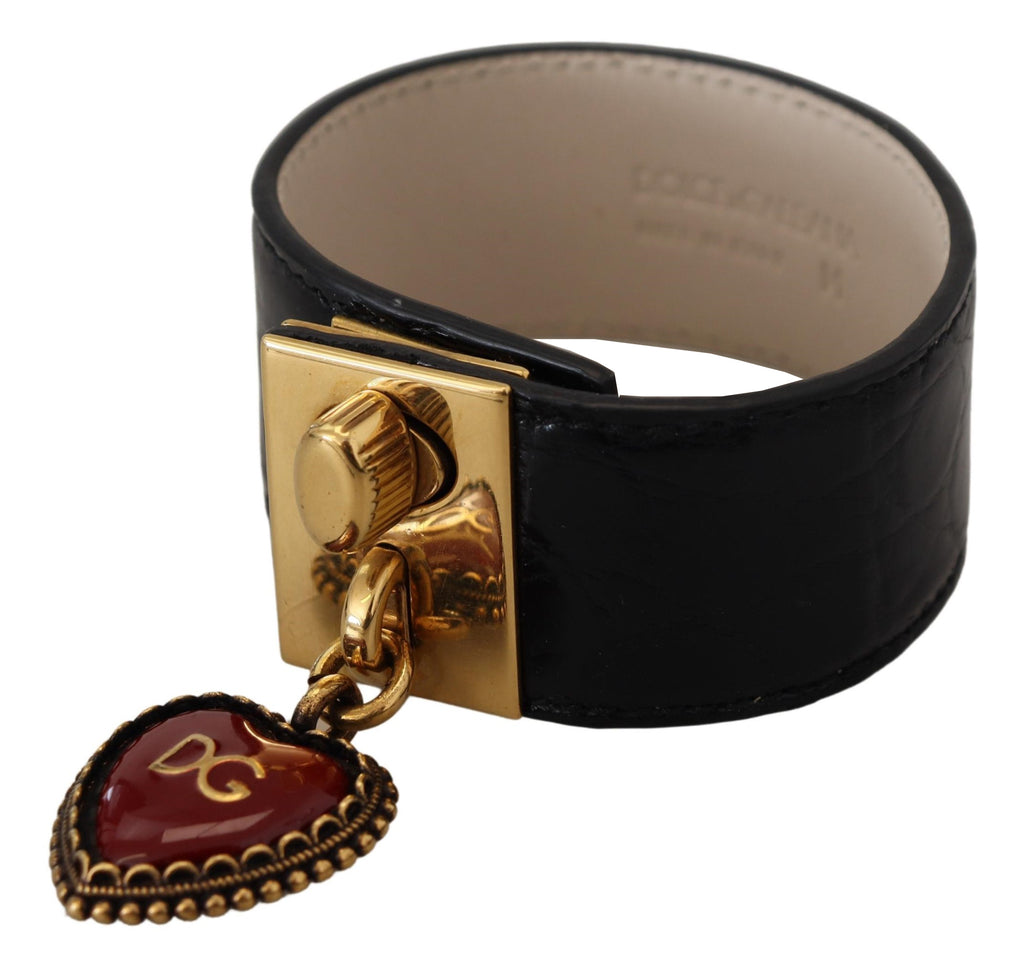 Dolce &amp; Gabbana Black Dauphine Leather DG Heart Key Ring Bracelet