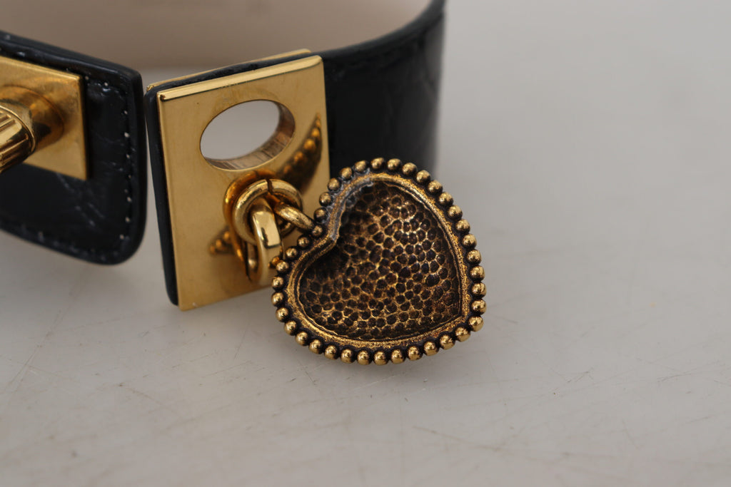 Dolce &amp; Gabbana Black Dauphine Leather DG Heart Key Ring Bracelet