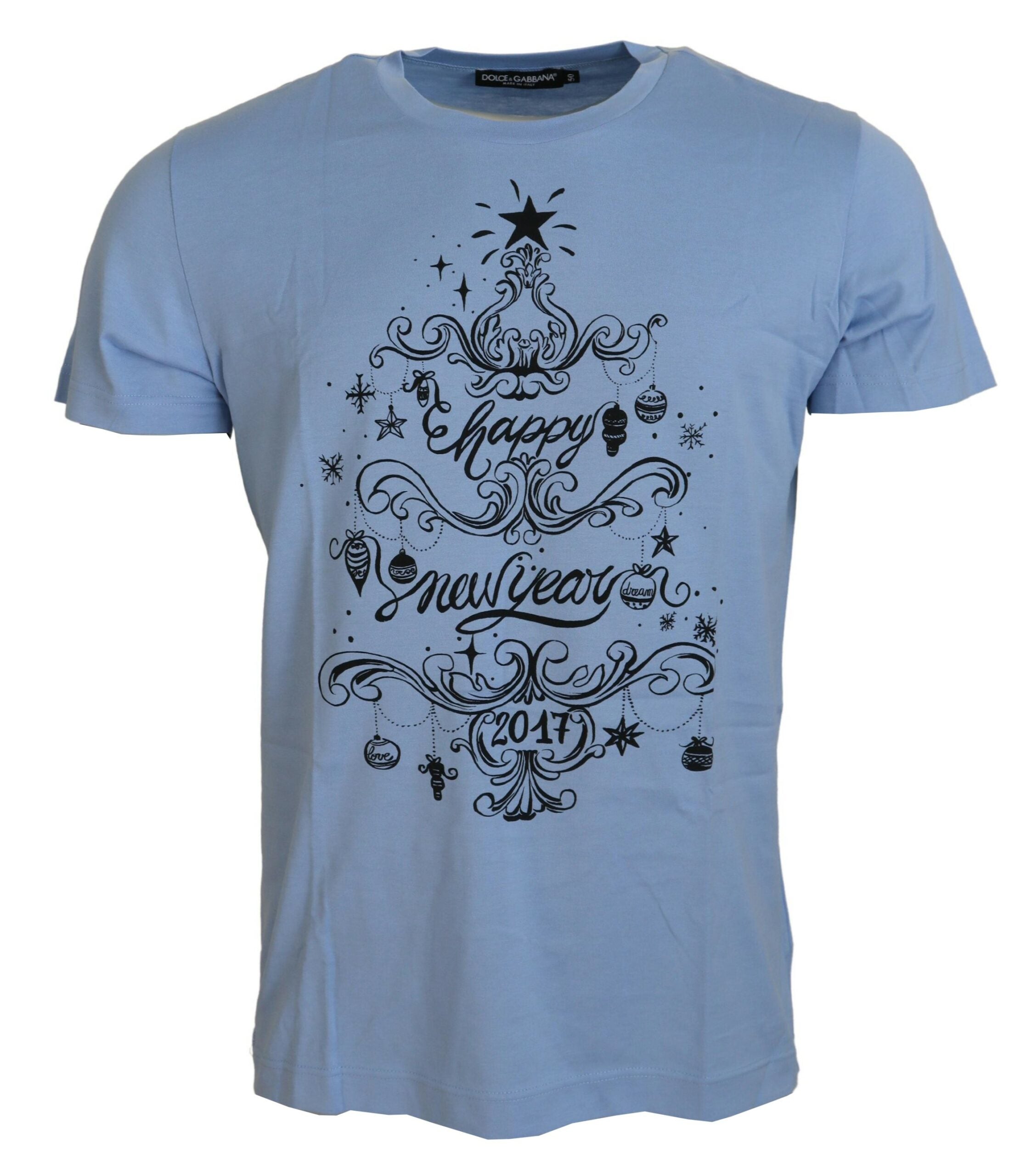 Dolce &amp; Gabbana Light Blue Happy New Year 2017 Cotton T-shirt