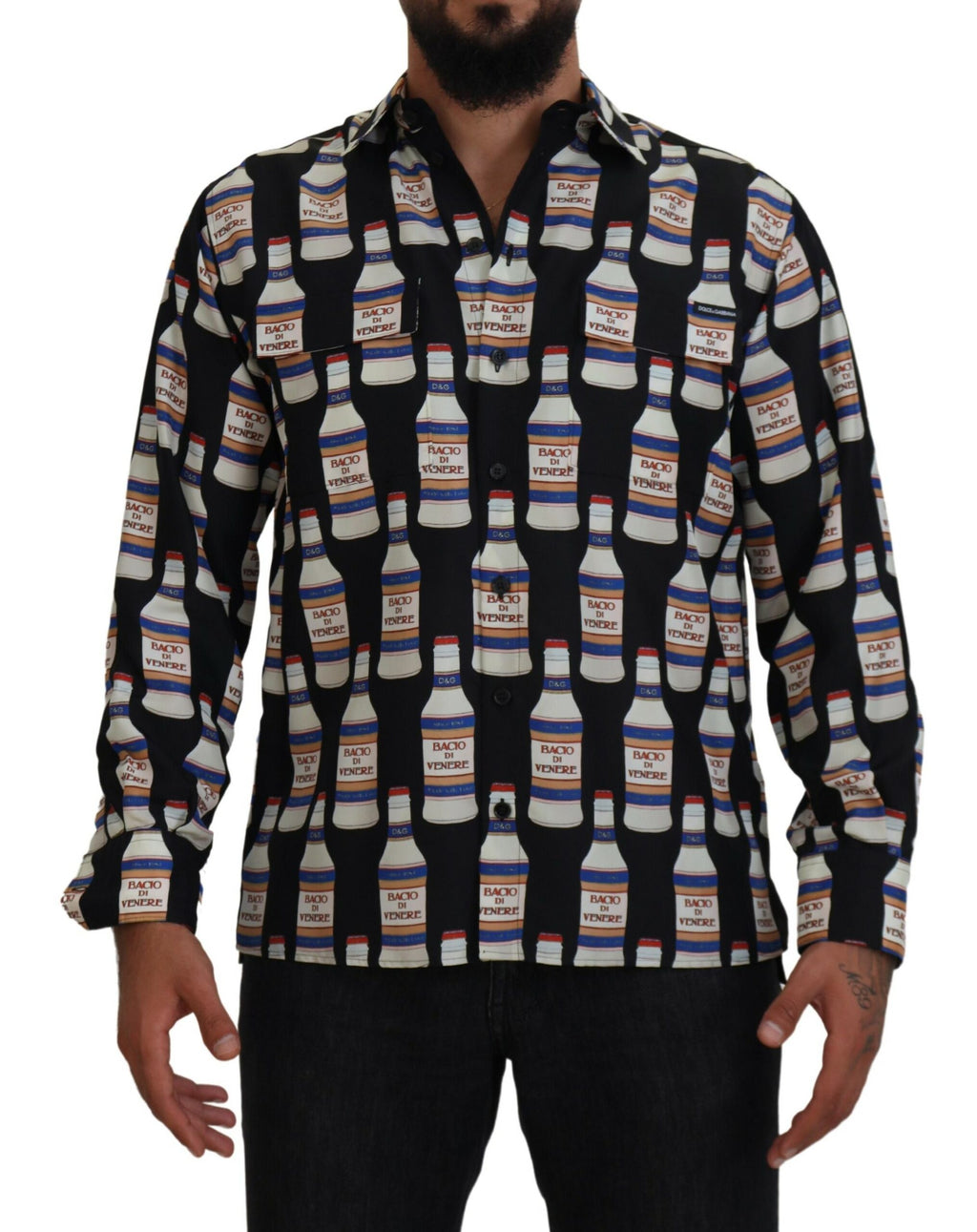 Dolce &amp; Gabbana Black Silk Printed Collared Men Casual Shirt