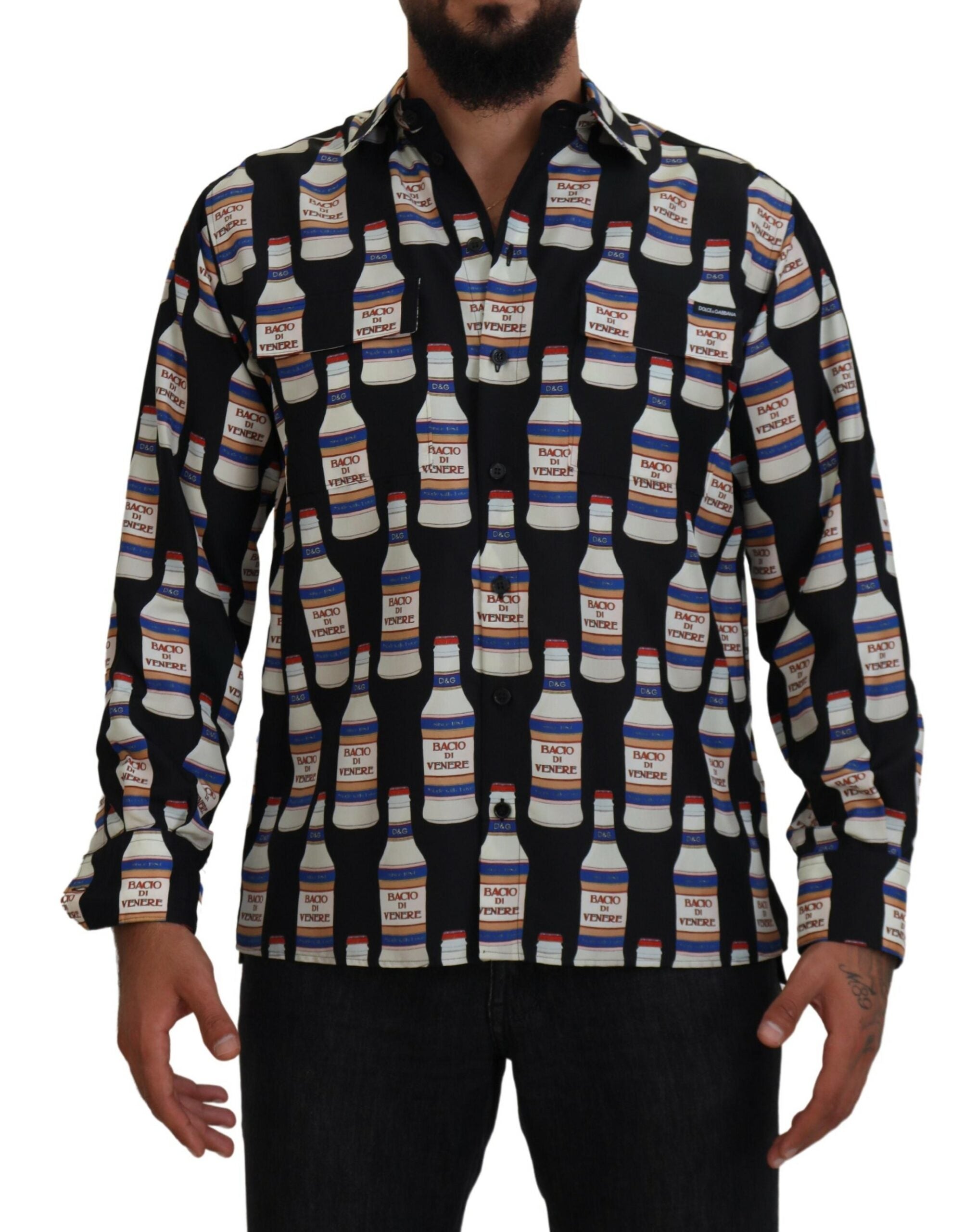 Dolce &amp; Gabbana Black Silk Printed Collared Men Casual Shirt
