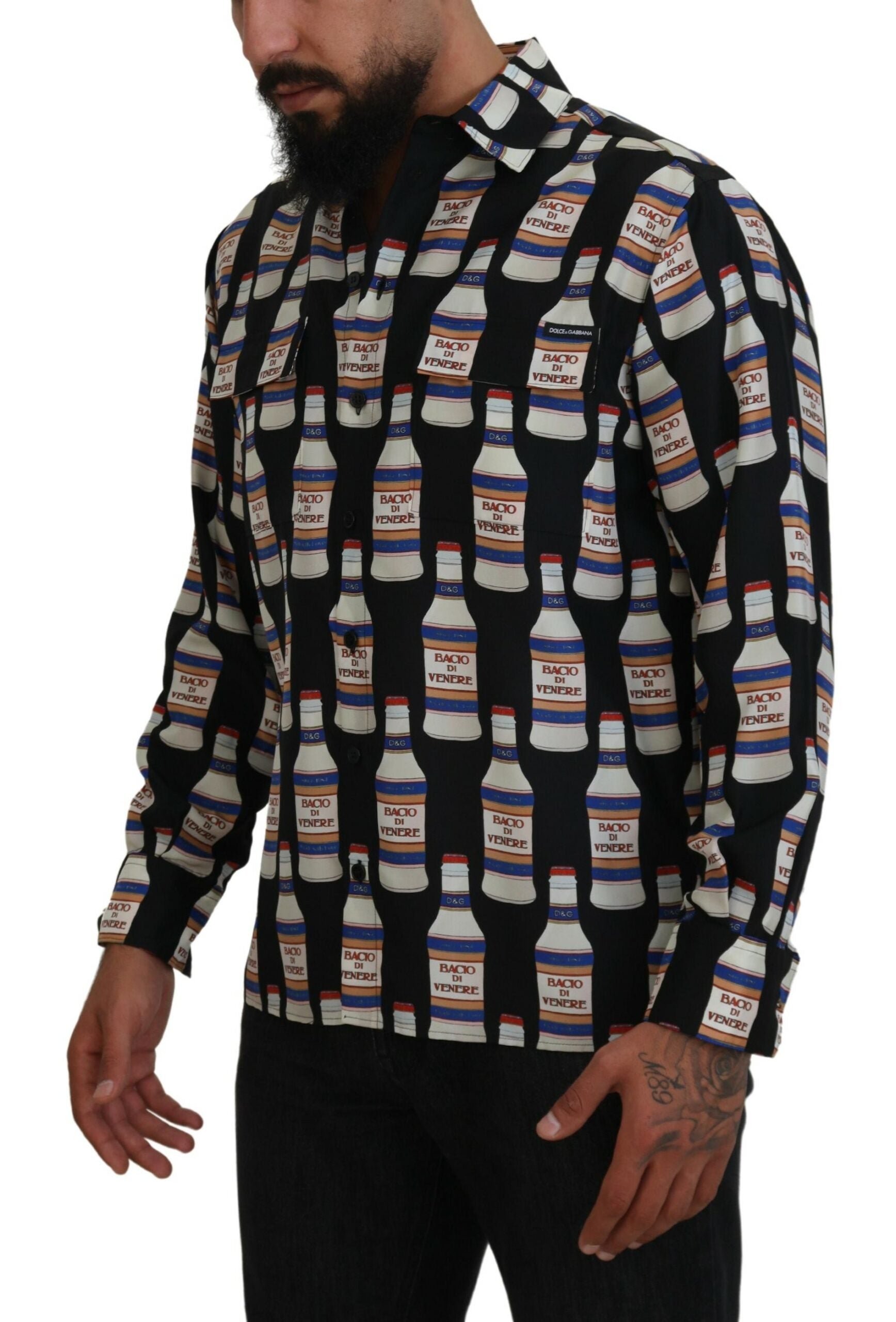 Dolce &amp; Gabbana Black Silk Printed Collared Men Casual Shirt