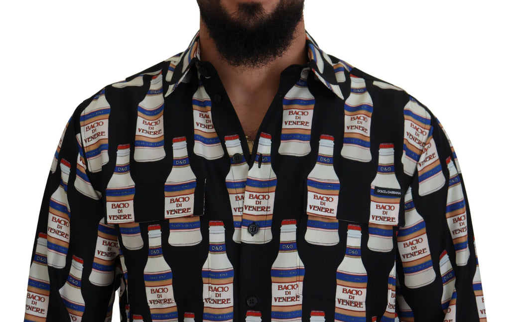 Dolce &amp; Gabbana Black Silk Printed Collared Men Casual Shirt