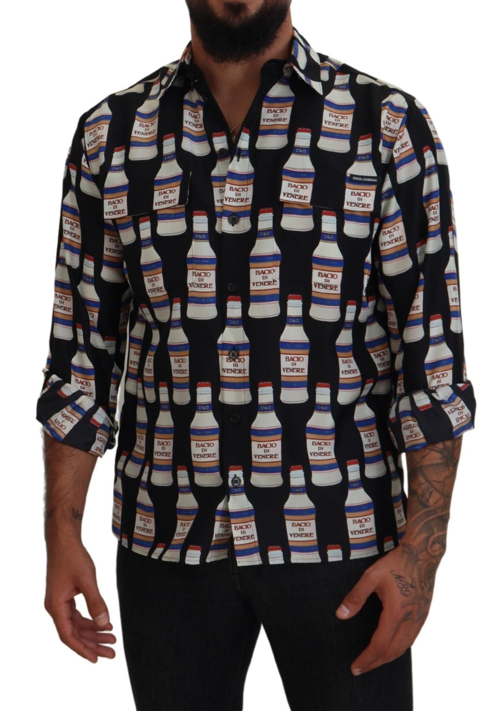 Dolce &amp; Gabbana Black Silk Printed Collared Men Casual Shirt