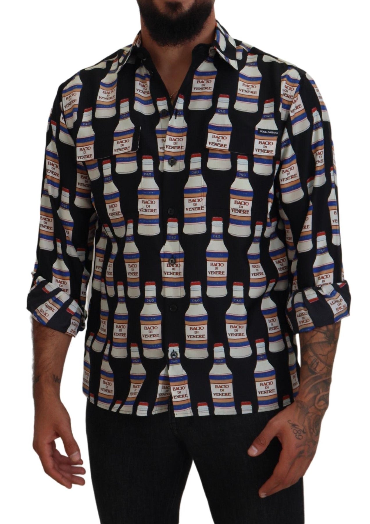 Dolce &amp; Gabbana Black Silk Printed Collared Men Casual Shirt