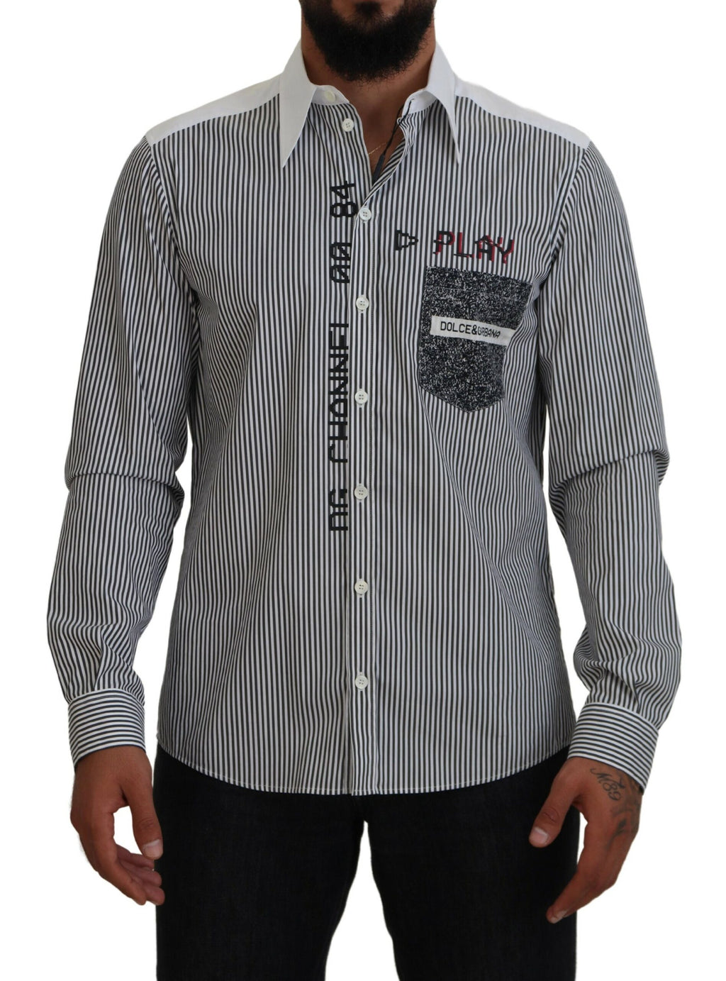Dolce &amp; Gabbana Black White Striped Printed Casual Cotton Shirt