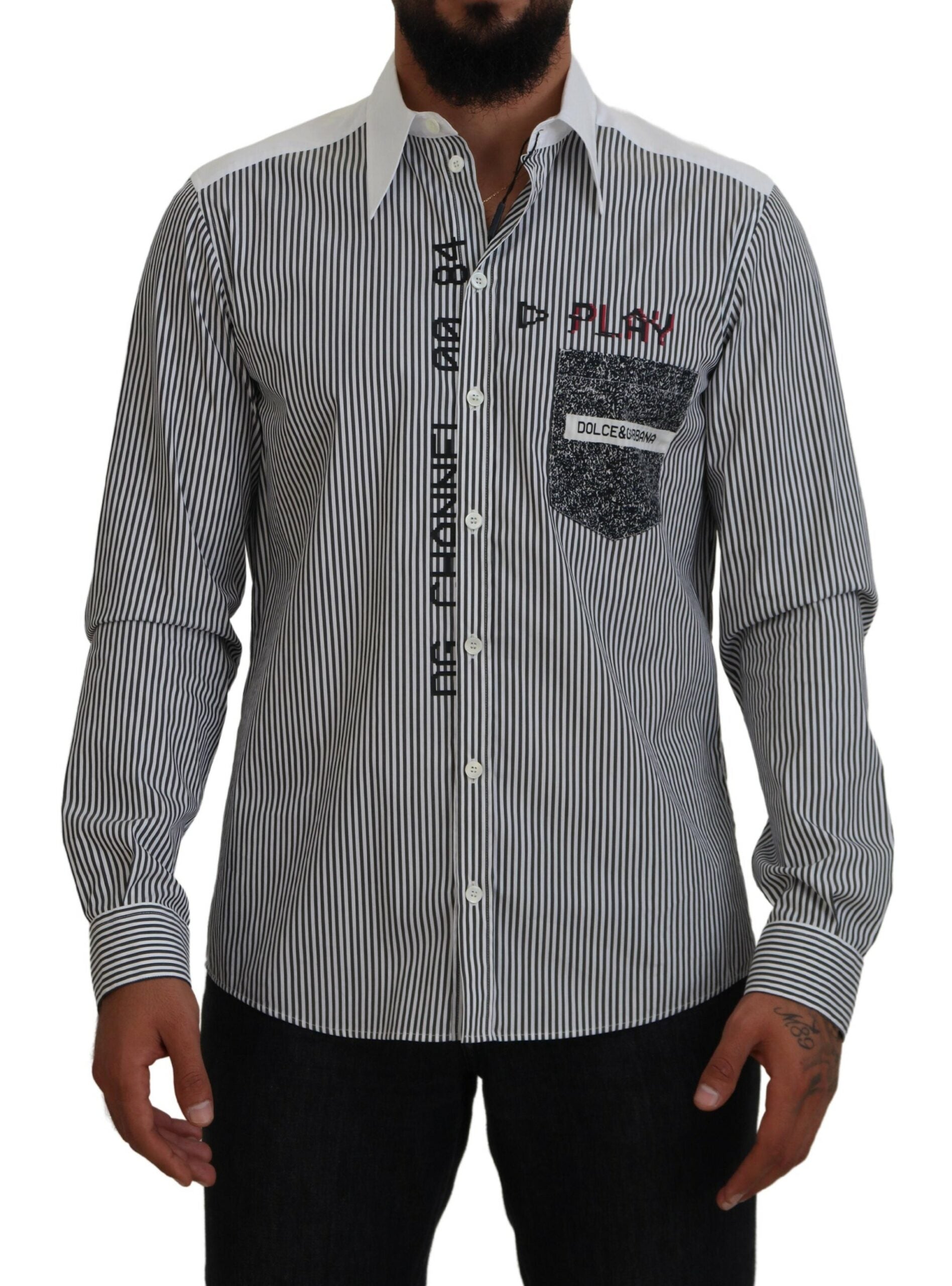 Dolce &amp; Gabbana Black White Striped Printed Casual Cotton Shirt