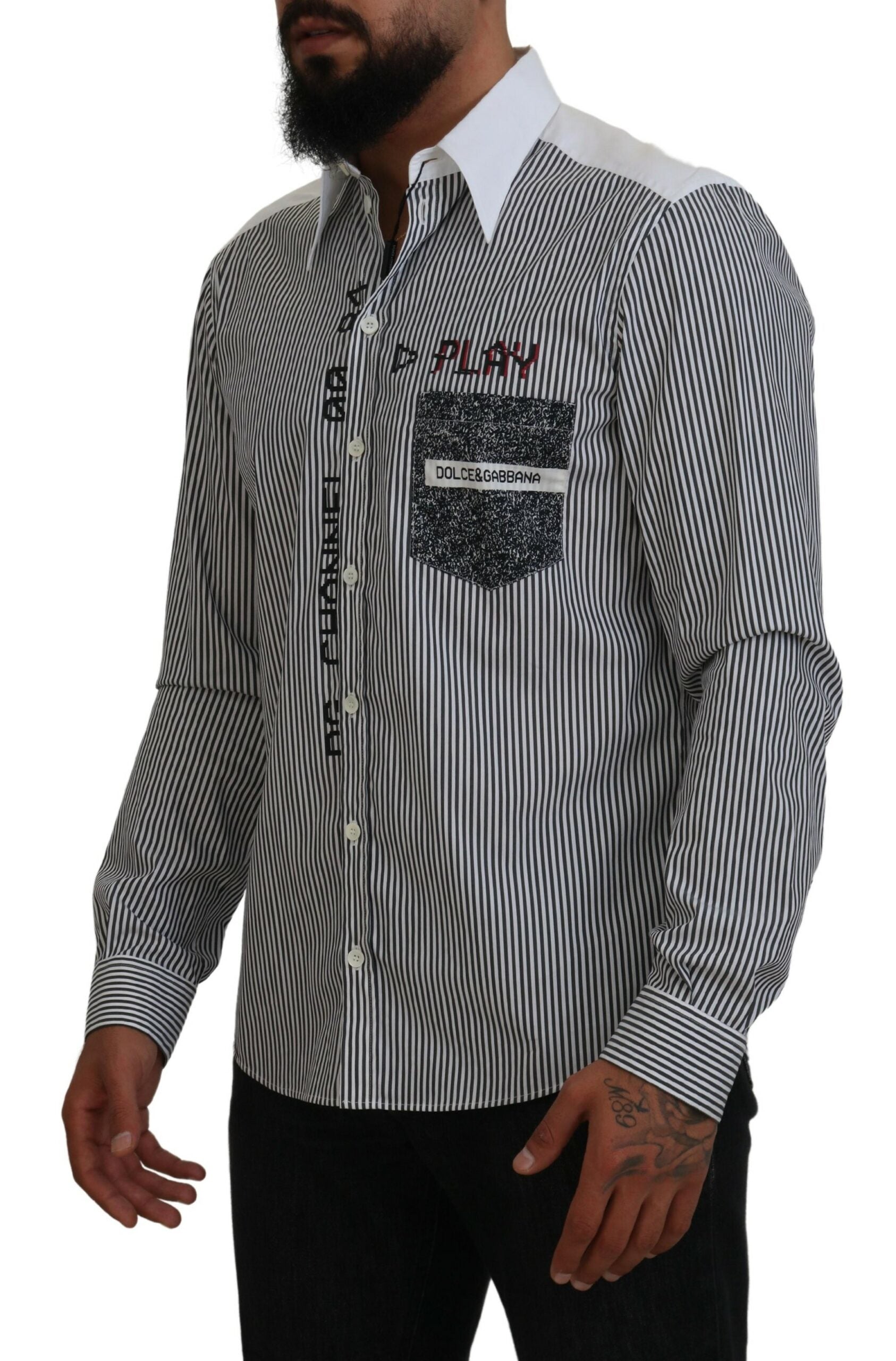 Dolce &amp; Gabbana Black White Striped Printed Casual Cotton Shirt