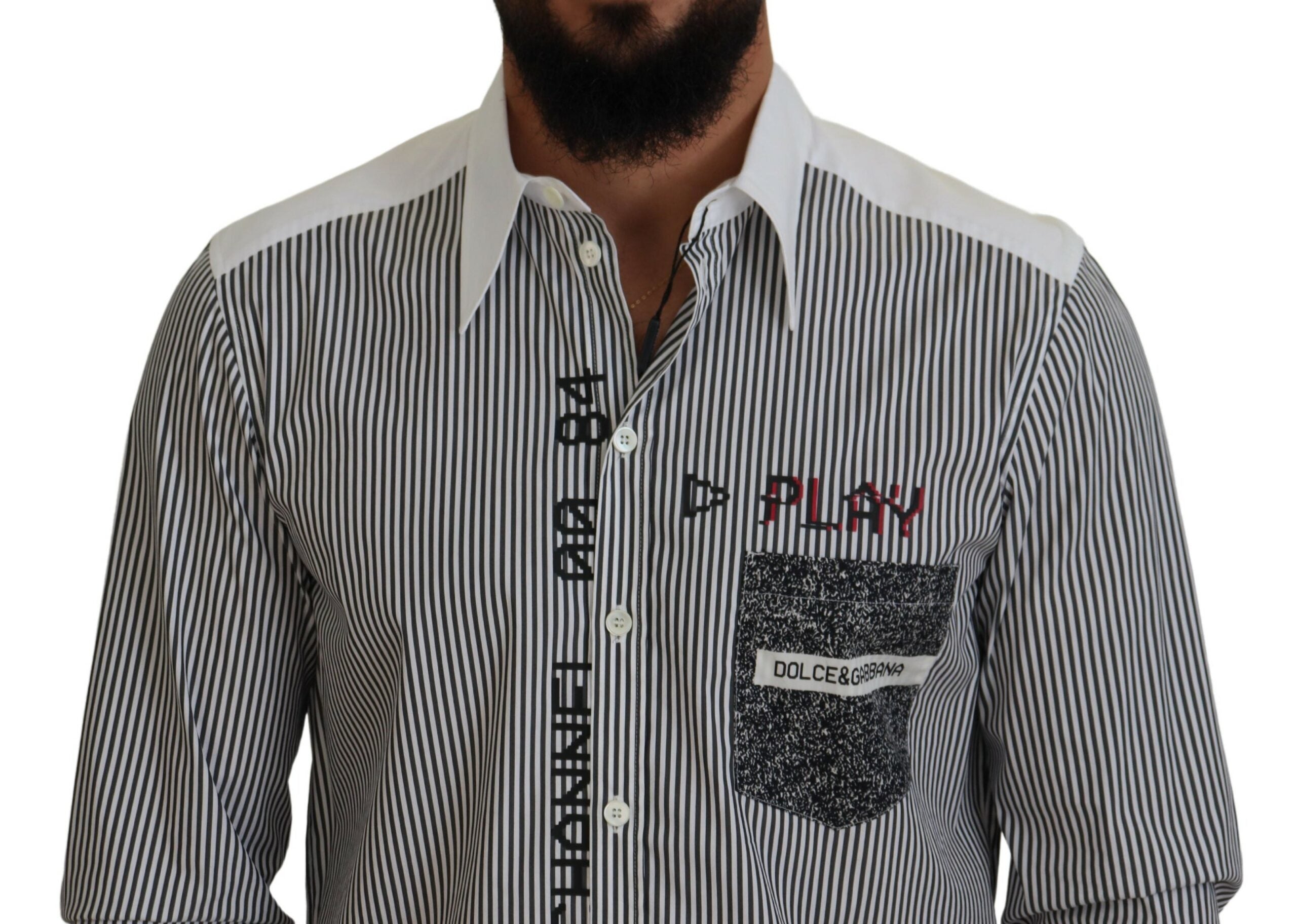 Dolce &amp; Gabbana Black White Striped Printed Casual Cotton Shirt