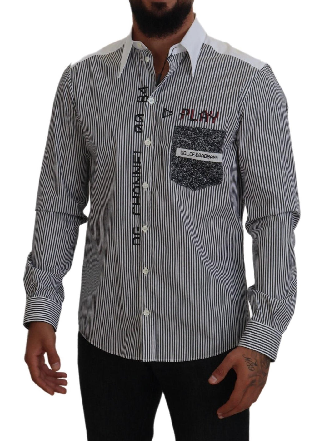 Dolce &amp; Gabbana Black White Striped Printed Casual Cotton Shirt