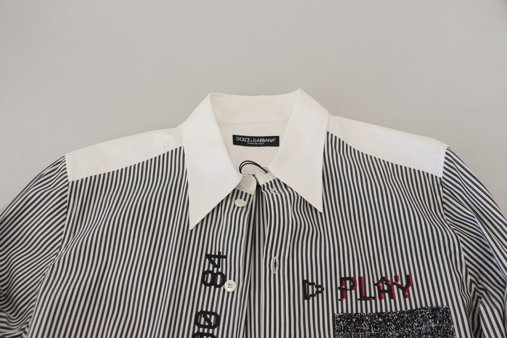 Dolce &amp; Gabbana Black White Striped Printed Casual Cotton Shirt