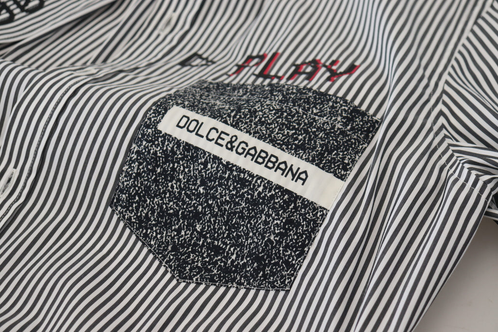 Dolce &amp; Gabbana Black White Striped Printed Casual Cotton Shirt