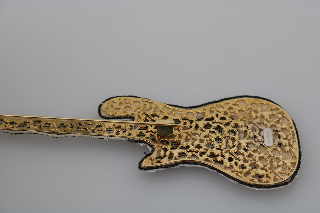 Dolce &amp; Gabbana Gold Brass Beaded Guitar Pin Accessory Brooch