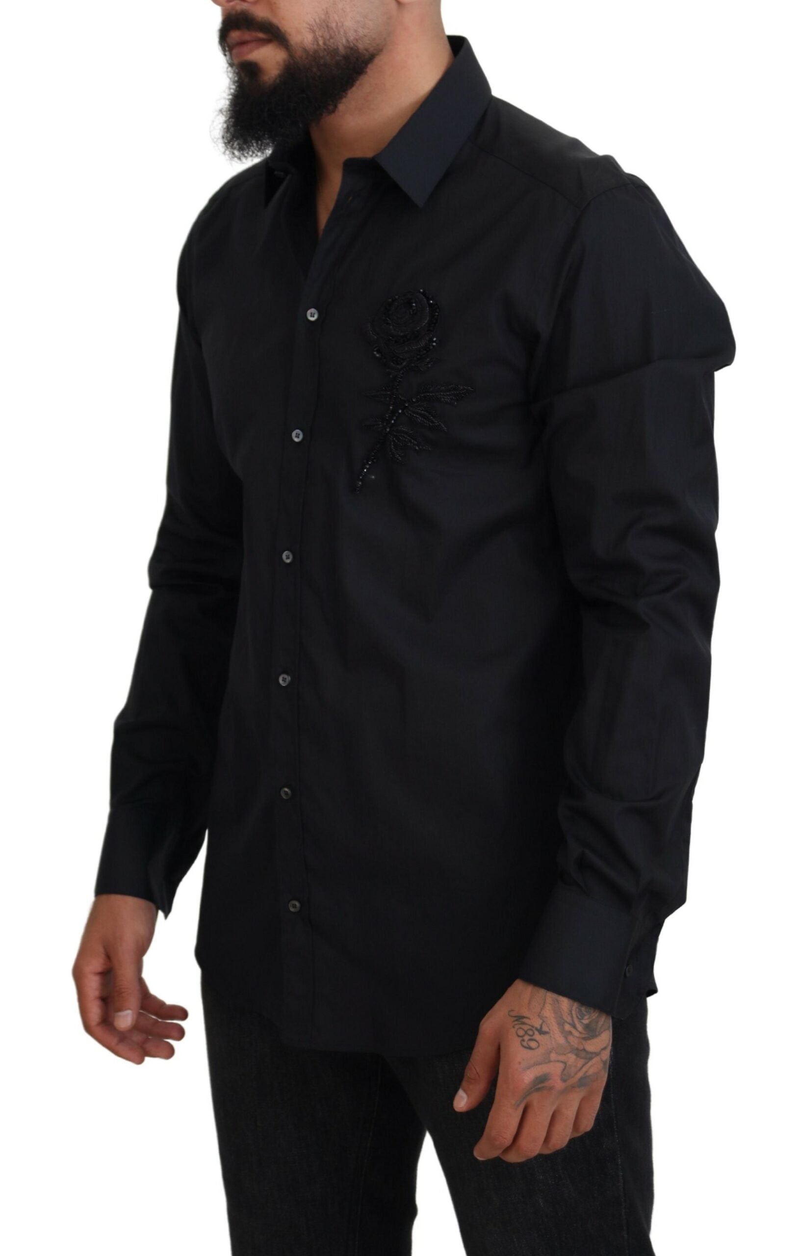 Dolce &amp; Gabbana Black Roses Slim Fit Cotton Shirt