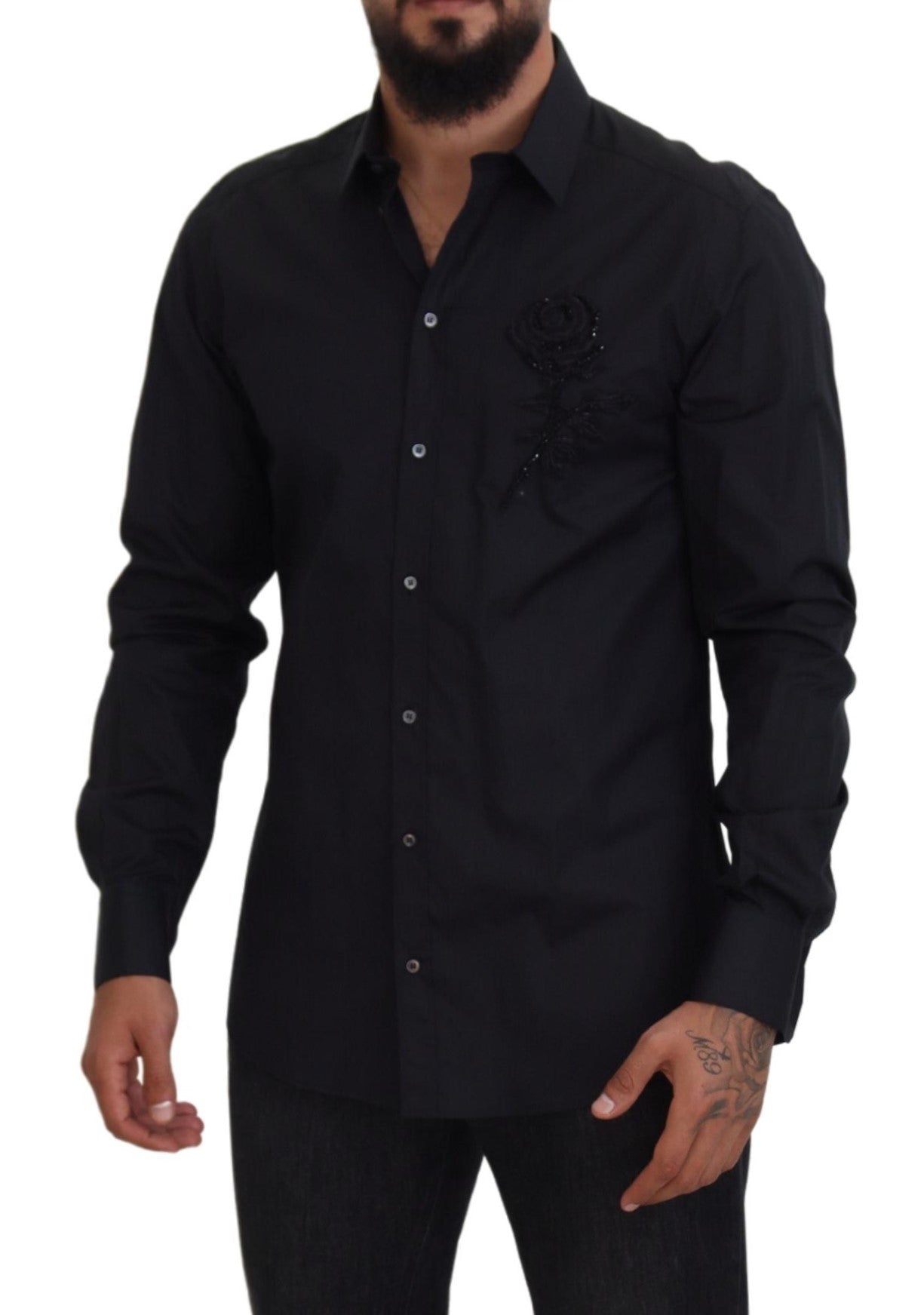 Dolce &amp; Gabbana Black Roses Slim Fit Cotton Shirt