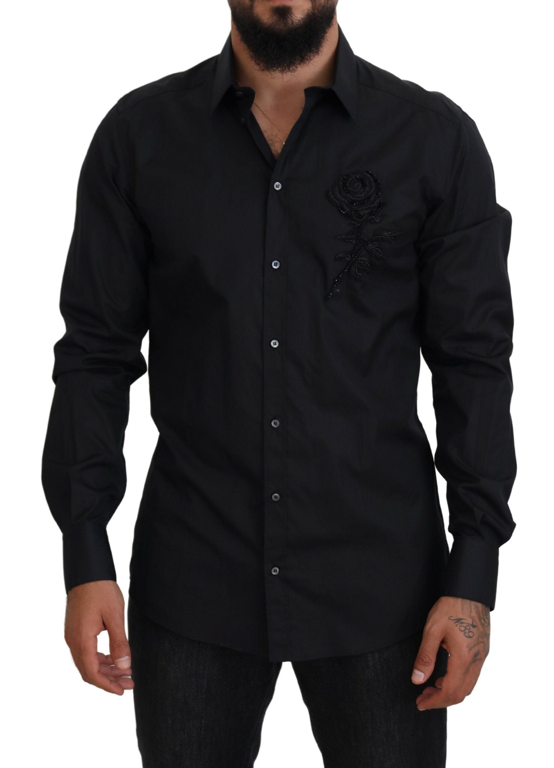 Dolce &amp; Gabbana Black Roses Slim Fit Cotton Shirt