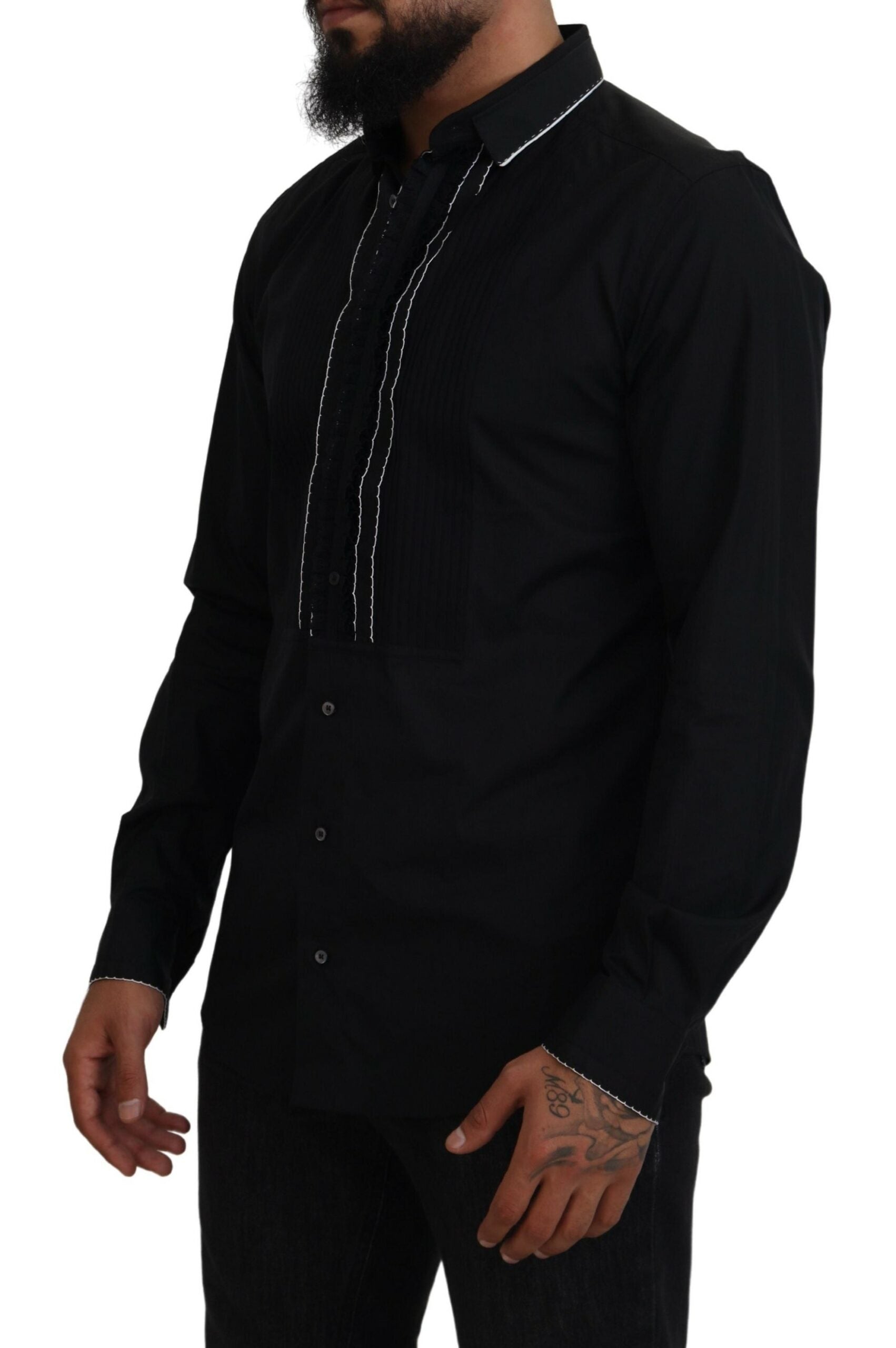 Dolce &amp; Gabbana GOLD Black Tuxedo Slim Fit Cotton Shirt