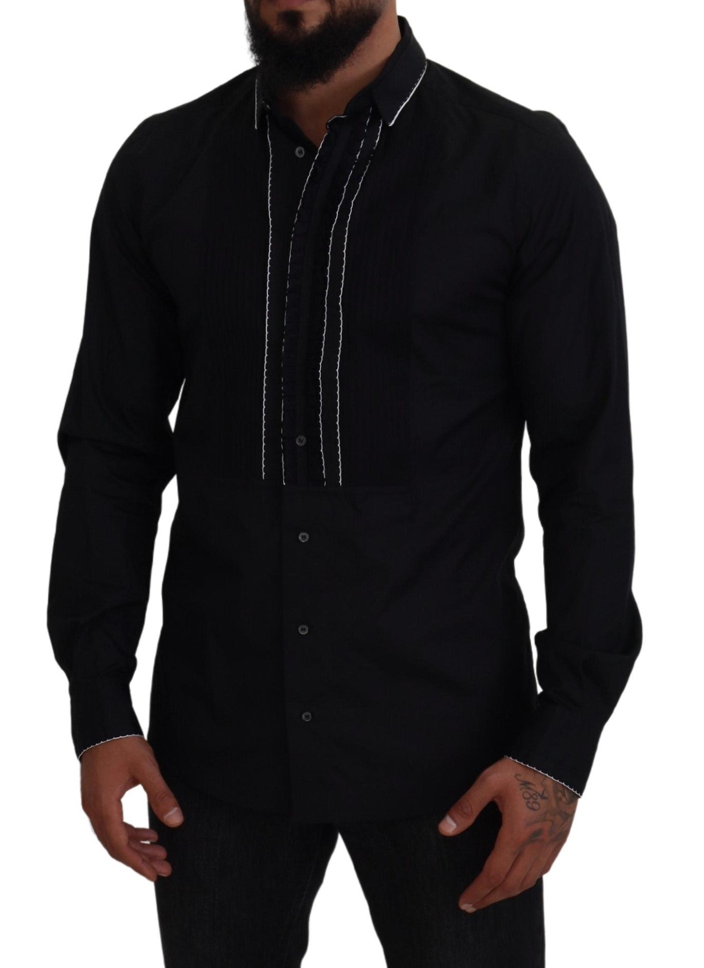 Dolce &amp; Gabbana GOLD Black Tuxedo Slim Fit Cotton Shirt