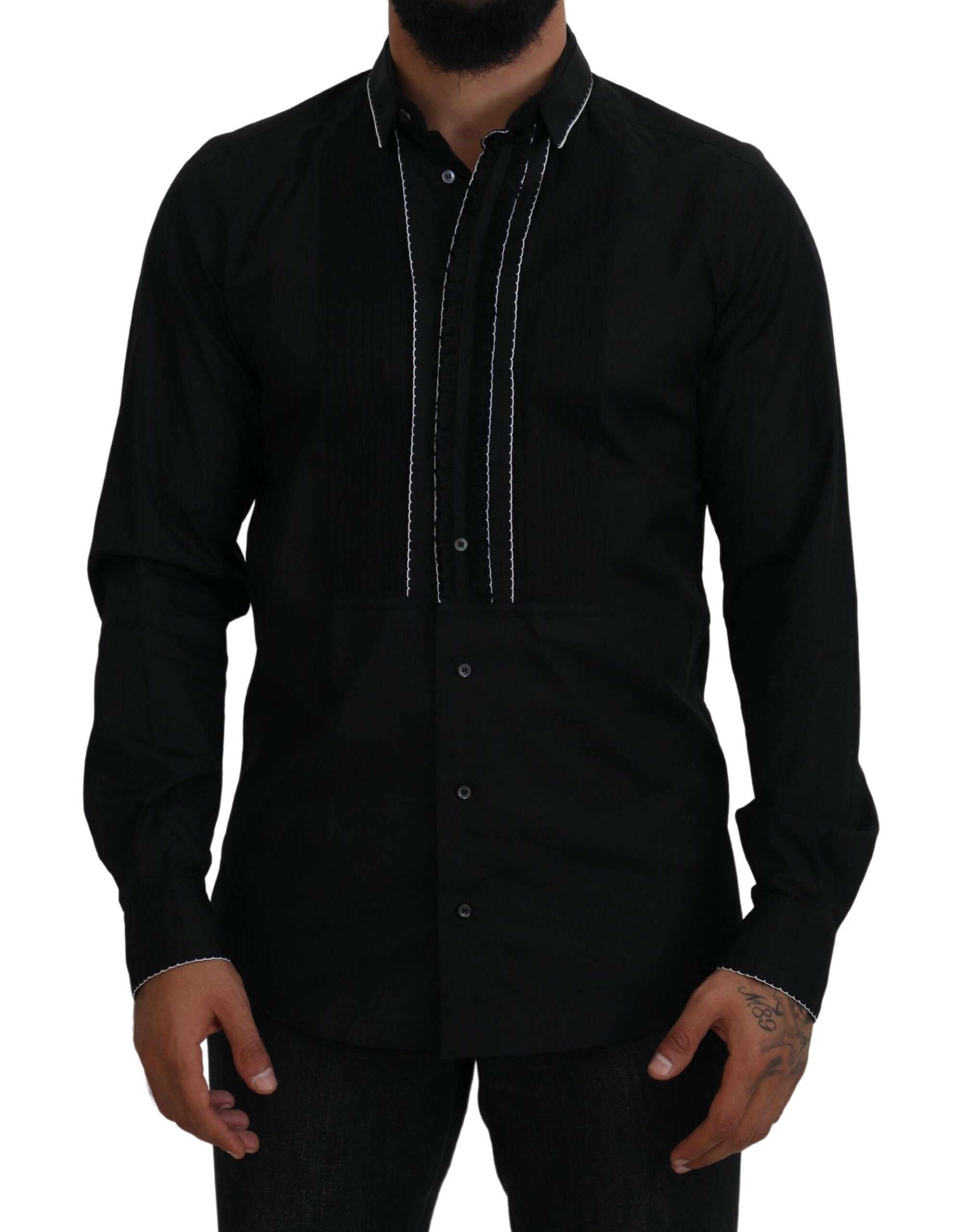 Dolce &amp; Gabbana GOLD Black Tuxedo Slim Fit Cotton Shirt