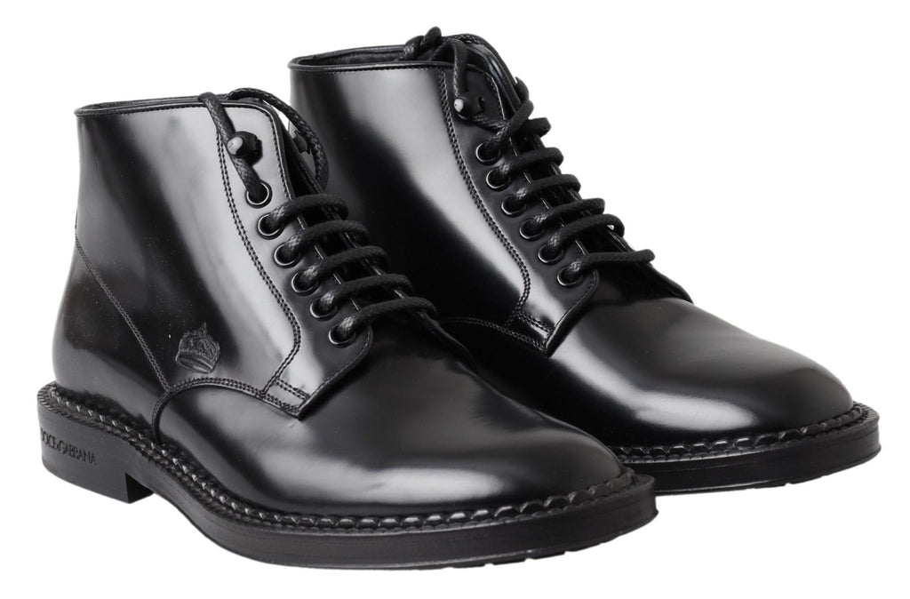 Dolce &amp; Gabbana Black Leather Men Short Boots Lace Up Shoes