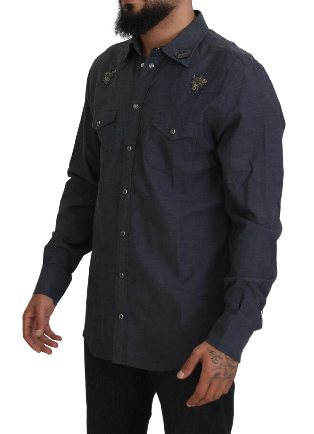 Dolce &amp; Gabbana Blue Cotton Denim Crystal Bee Shirt