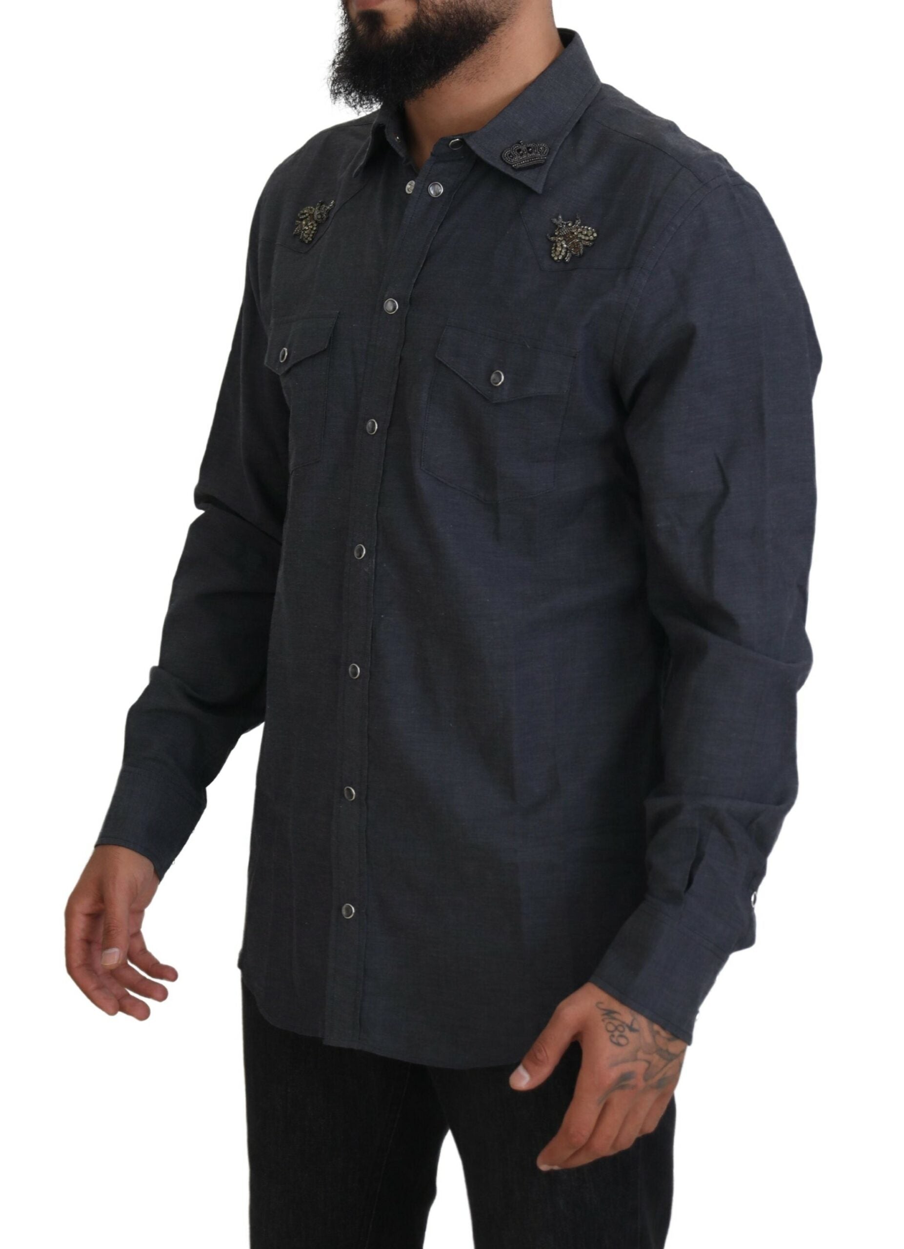 Dolce &amp; Gabbana Blue Cotton Denim Crystal Bee Shirt