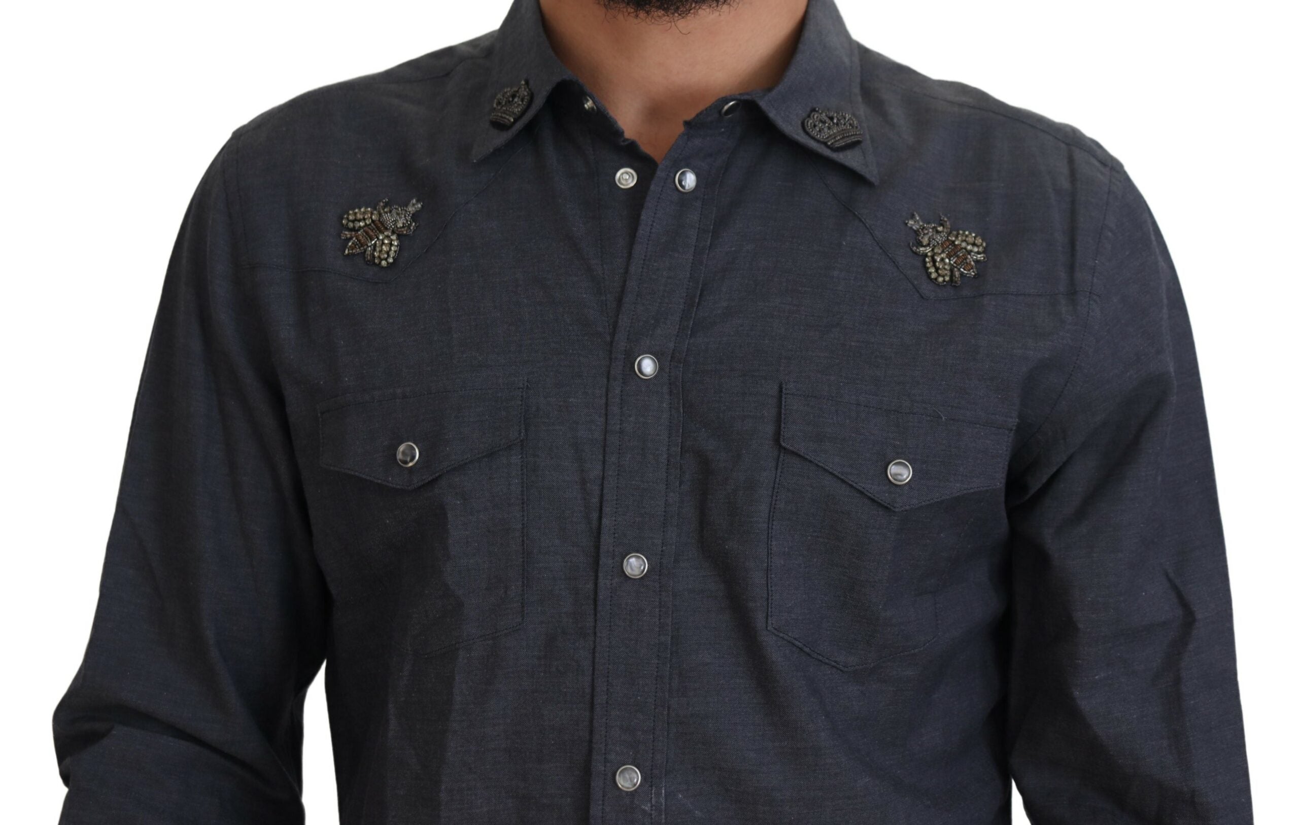 Dolce &amp; Gabbana Blue Cotton Denim Crystal Bee Shirt