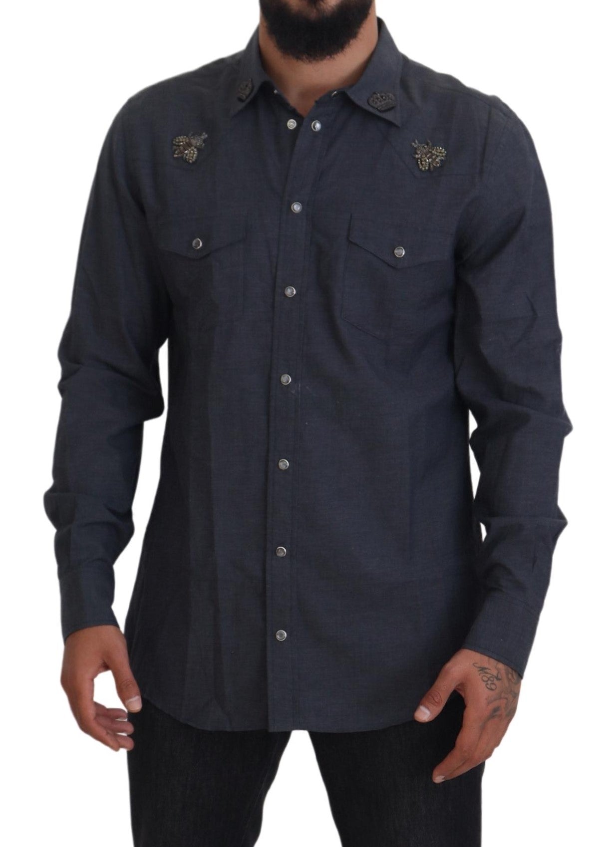 Dolce &amp; Gabbana Blue Cotton Denim Crystal Bee Shirt