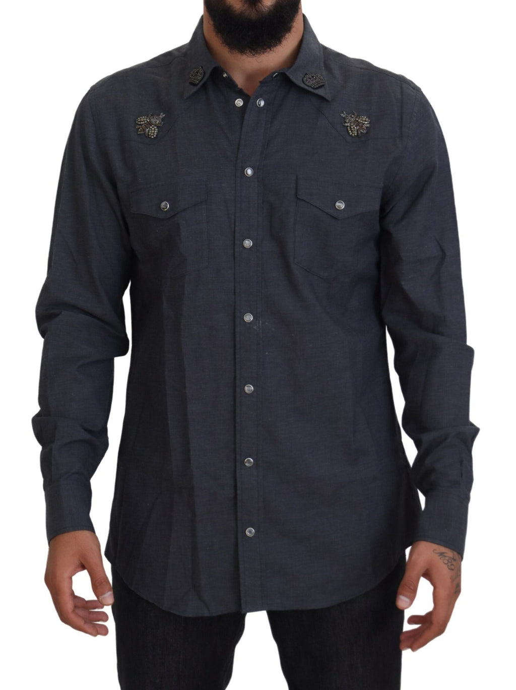 Dolce &amp; Gabbana Blue Cotton Denim Crystal Bee Shirt