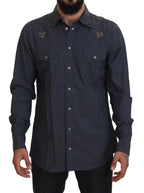 Dolce &amp; Gabbana Blue Cotton Denim Crystal Bee Shirt
