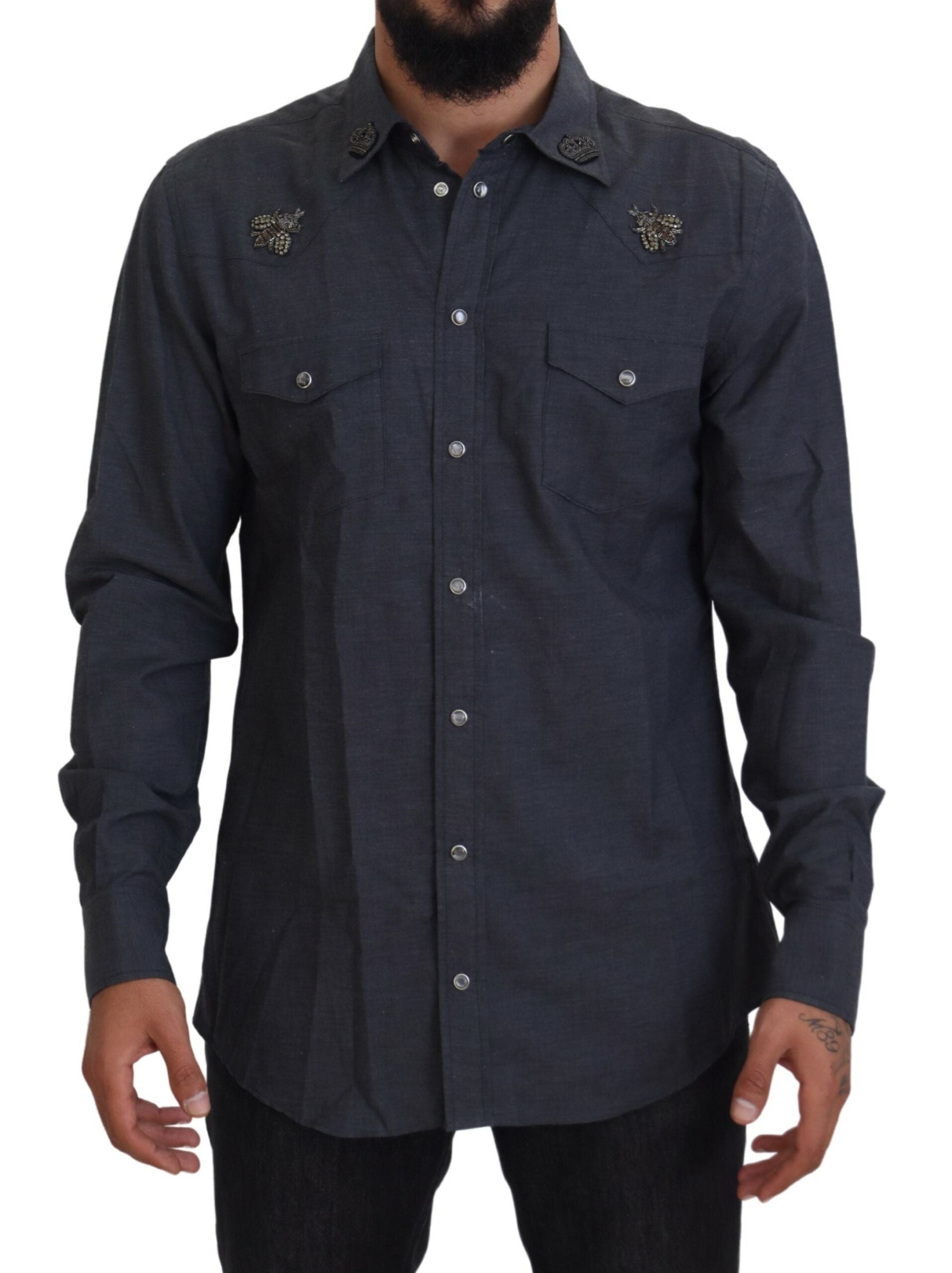 Dolce &amp; Gabbana Blue Cotton Denim Crystal Bee Shirt
