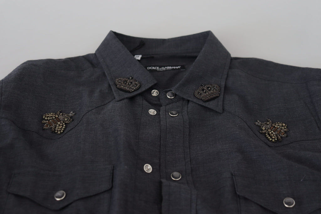Dolce &amp; Gabbana Blue Cotton Denim Crystal Bee Shirt