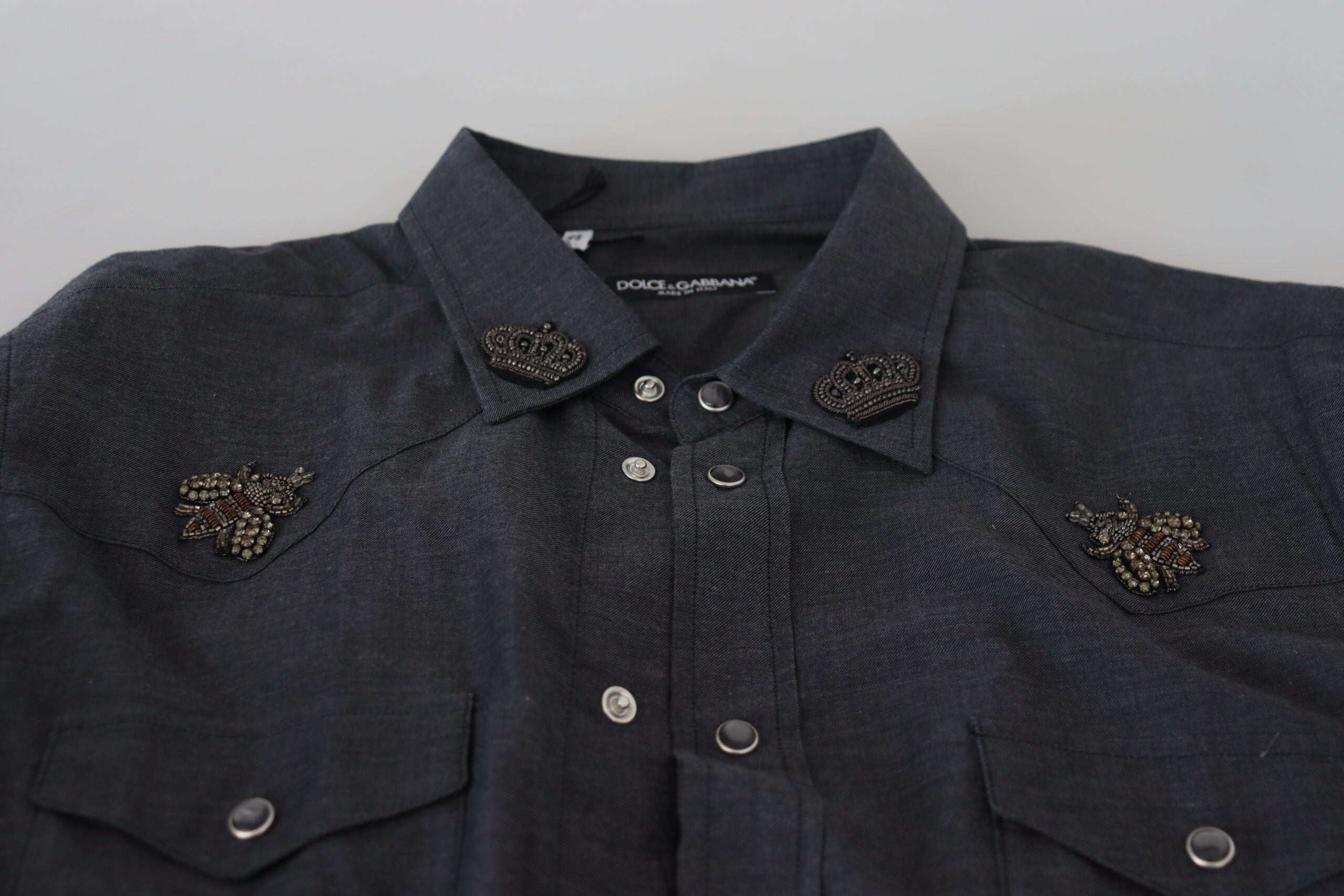 Dolce &amp; Gabbana Blue Cotton Denim Crystal Bee Shirt