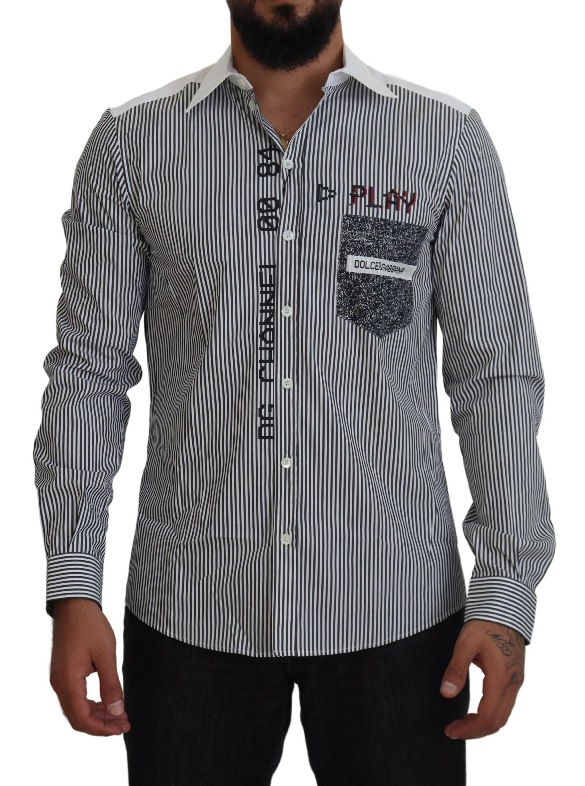 Dolce &amp; Gabbana Gray White Striped Slim Fit Shirt
